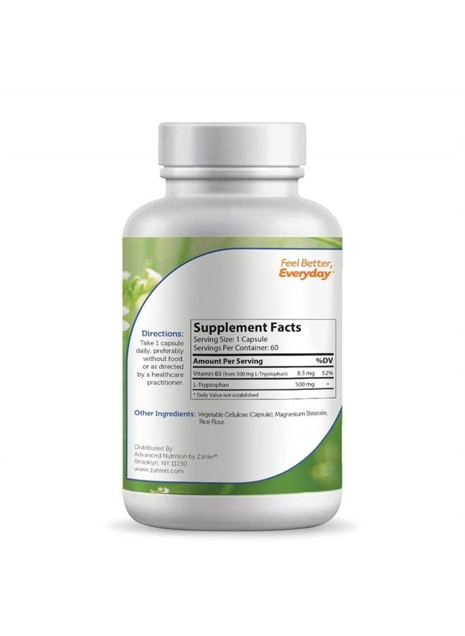 Zahler - L-Tryptophan 500mg Supplement, High Potency Serotonin Booster, Certified Kosher, 60 Capsules - Image 1
