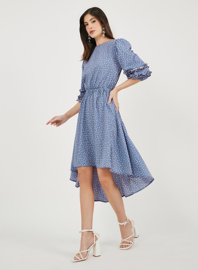 Styli Polka Dot Print Asymmetric Hem Puff Sleeves Midi Dress  - Image 1