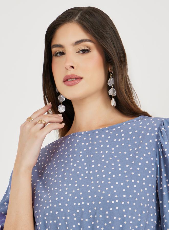 Styli Polka Dot Print Asymmetric Hem Puff Sleeves Midi Dress  - Image 5