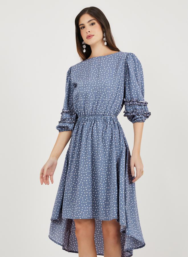 Styli Polka Dot Print Asymmetric Hem Puff Sleeves Midi Dress  - Image 3