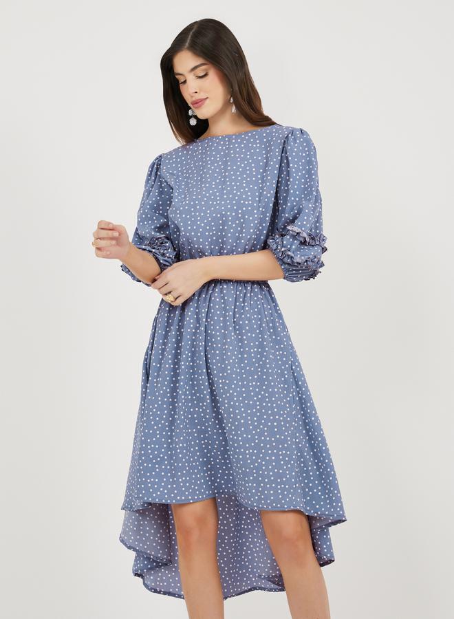 Styli Polka Dot Print Asymmetric Hem Puff Sleeves Midi Dress  - Image 4