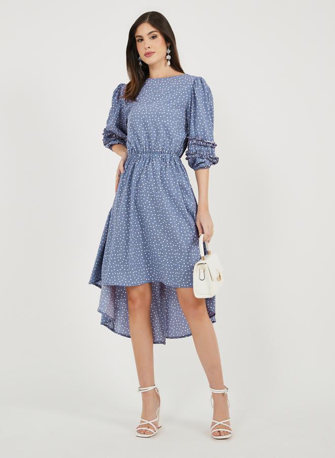 Styli Polka Dot Print Asymmetric Hem Puff Sleeves Midi Dress  - Image 2