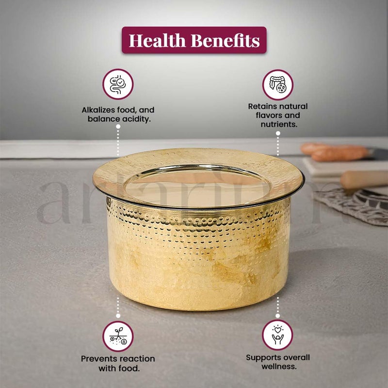 Artarium Artarium Brass Patila Brass Hammered Patila Brass Hammered Bhagona with Lid Round Tapeli Pure Brass Round Heavy Bottom Patila for Cooking and Serving Traditional Cookware Brass Bhagona 15 Liter - Image 5