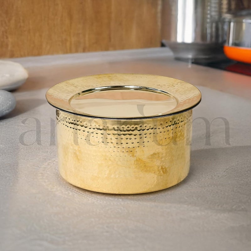Artarium Artarium Brass Patila Brass Hammered Patila Brass Hammered Bhagona with Lid Round Tapeli Pure Brass Round Heavy Bottom Patila for Cooking and Serving Traditional Cookware Brass Bhagona 15 Liter - Image 2