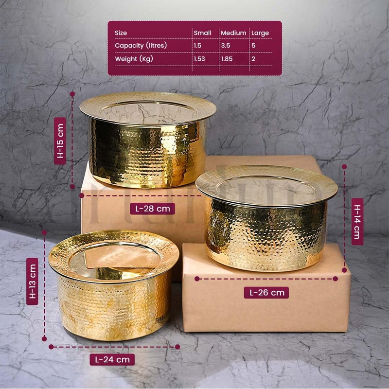 Artarium Artarium Brass Patila Brass Hammered Patila Brass Hammered Bhagona with Lid Round Tapeli Pure Brass Round Heavy Bottom Patila for Cooking and Serving Traditional Cookware Brass Bhagona 15 Liter - Image 4