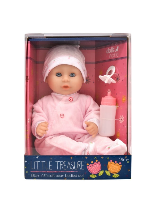 dolls world Little Treasure 15 inch Baby Doll With Sleeping Eyes Bottle & Dummy from Peterkin gift for kids of Age above 18 months  - Image 1