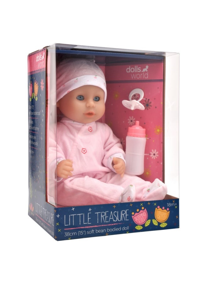 dolls world Little Treasure 15 inch Baby Doll With Sleeping Eyes Bottle & Dummy from Peterkin gift for kids of Age above 18 months  - Image 2
