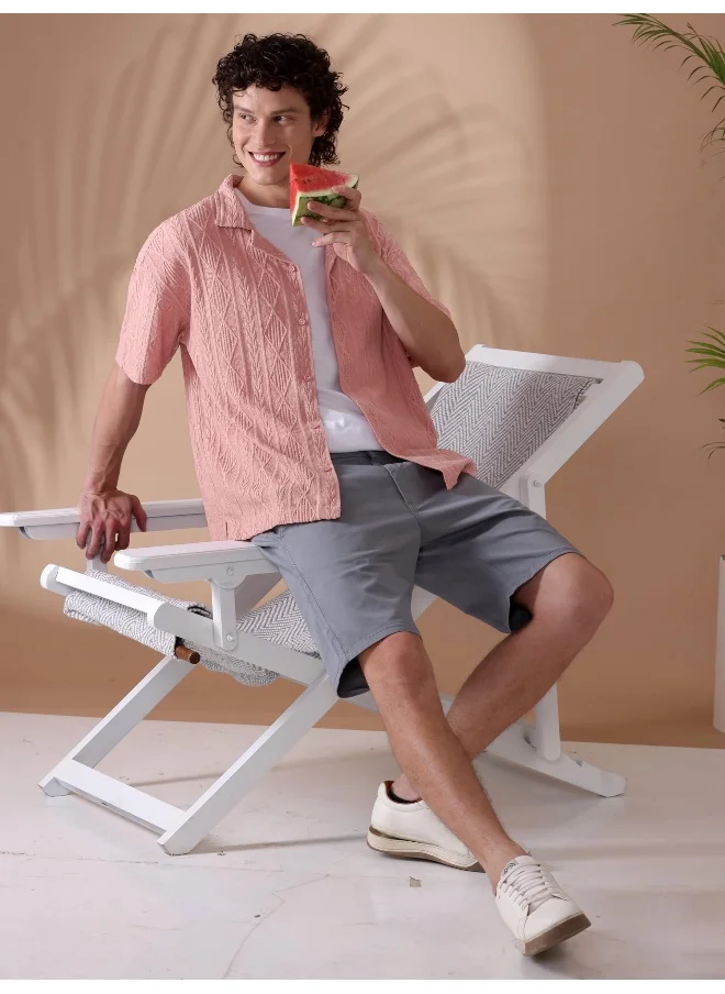 Beyoung Rose Pink Crochet Half-Sleeves Shirt for Men