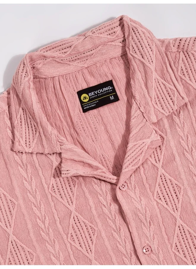 Beyoung Rose Pink Crochet Half-Sleeves Shirt for Men