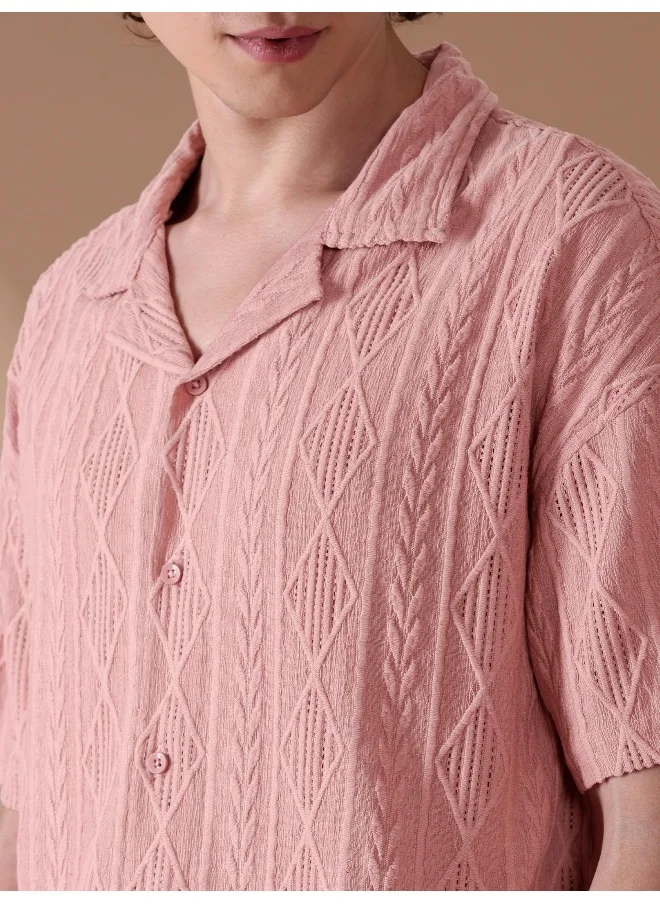 بيونغ Rose Pink Crochet Half-Sleeves Shirt for Men