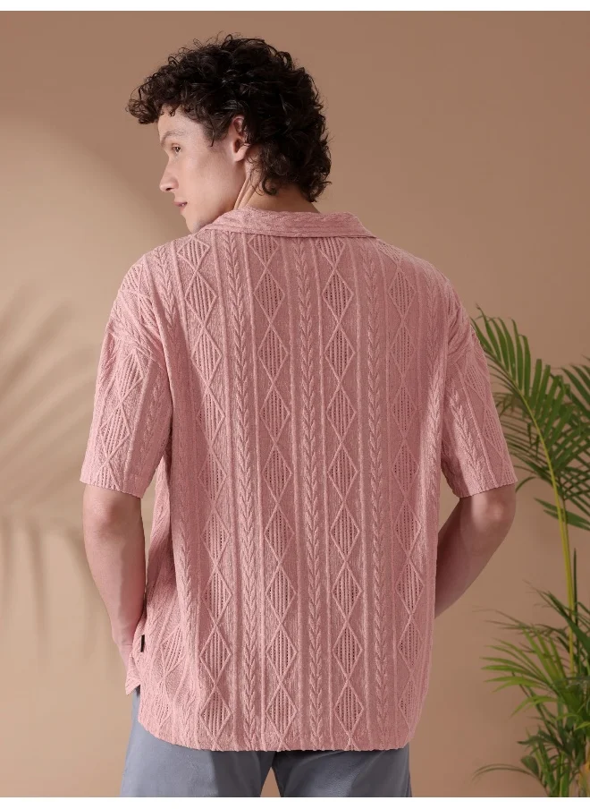 Beyoung Rose Pink Crochet Half-Sleeves Shirt for Men
