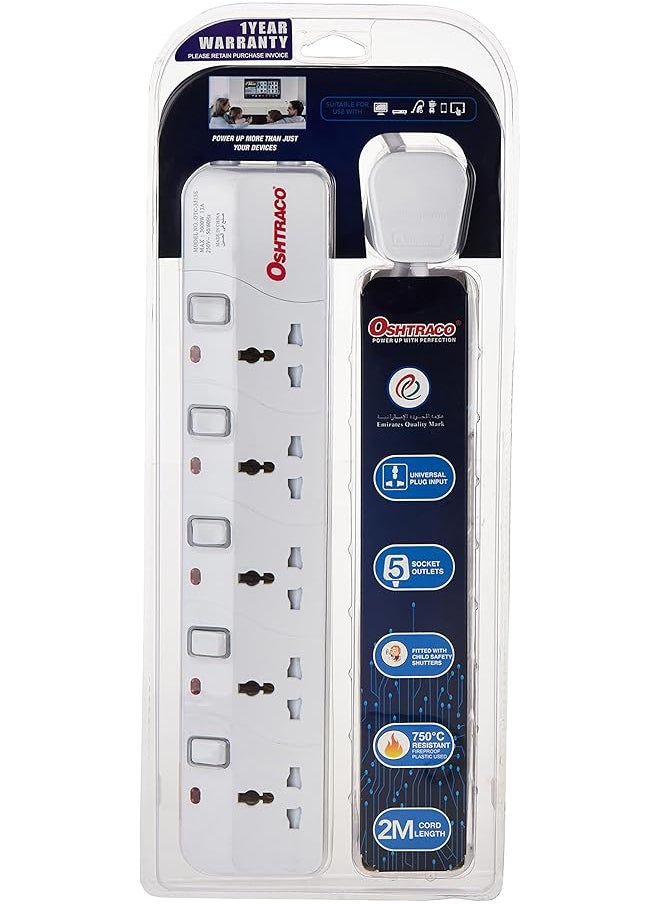 OSHTRACO Oshtraco OTC3315S-2M 5 Way Universal Extension Socket with 2 Meter Cord  - Image 1