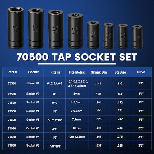 DikTalk 70500 Tap Socket Set, 8-Piece 1/4" & 3/8" Drive Taps Sockets Adapter for Socket Wrench Set Use, Fits All MCTI Taps Thru 1/2” & 1/8" NPT Tap - Image 2