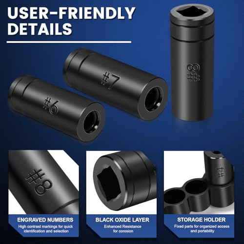 DikTalk 70500 Tap Socket Set, 8-Piece 1/4" & 3/8" Drive Taps Sockets Adapter for Socket Wrench Set Use, Fits All MCTI Taps Thru 1/2” & 1/8" NPT Tap - Image 4