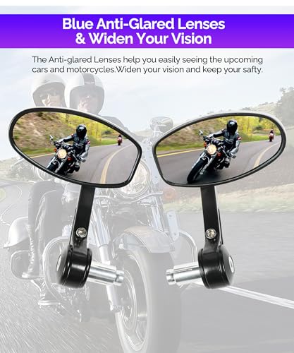 RACOONA Bar End Mirrors, Anti Glare Side View Mirrors for Motorcycle Handlebar, Fits Most with 7/8'' Handlebar (Blue Lense, Oval) - Image 2