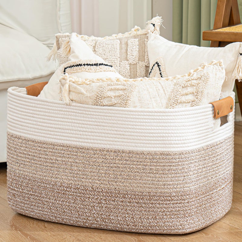 danpinera Blanket Basket, 72L Woven Storage basket with Leather Handle, Eco-friendly Decorative Storage Organization in Bathroom & Living Room for Towels 22 ''*17 ''*11.8 '', Gradient Brown - Image 1