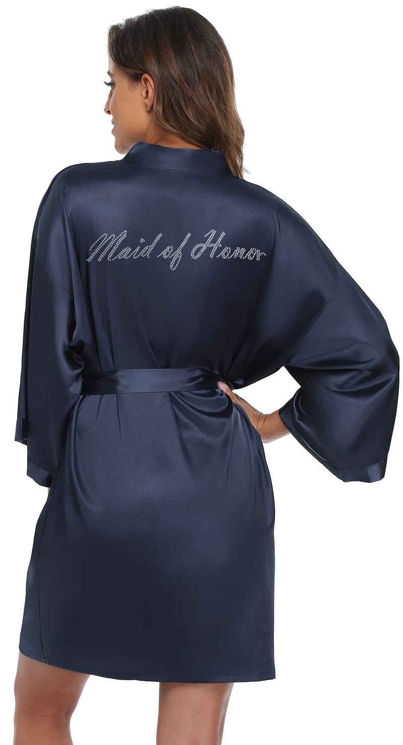 goodmansam Women's Satin Kimono Robe with Silver Rhinestones Bride Bridesmaid Robes for Wedding Party Robe Getting Ready - Image 2