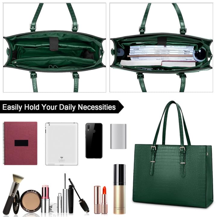Lubardy Laptop Bag for Women 15.6 Inch Laptop Tote Bag Leather Classy Computer Briefcase for Work Waterproof Handbag Professional Shoulder Bag Women Business Office Bag Large Capacity Green - Image 2