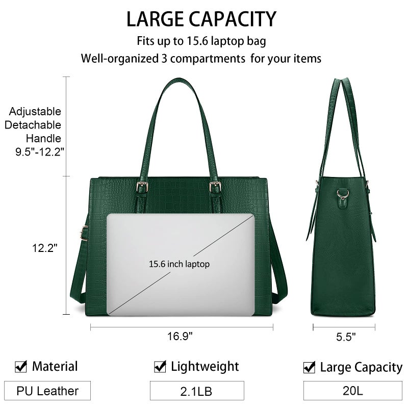 Lubardy Laptop Bag for Women 15.6 Inch Laptop Tote Bag Leather Classy Computer Briefcase for Work Waterproof Handbag Professional Shoulder Bag Women Business Office Bag Large Capacity Green - Image 4