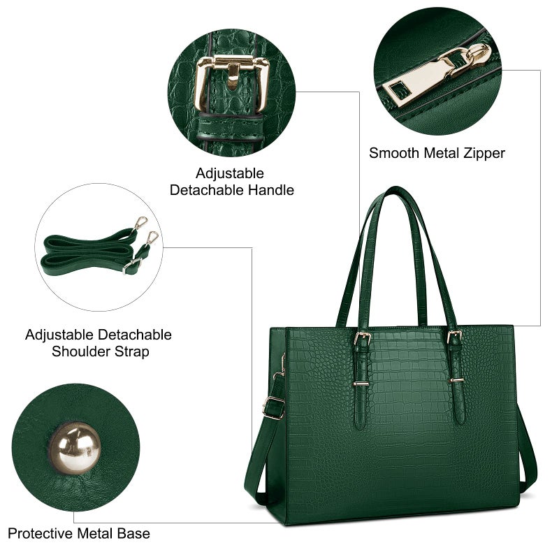 Lubardy Laptop Bag for Women 15.6 Inch Laptop Tote Bag Leather Classy Computer Briefcase for Work Waterproof Handbag Professional Shoulder Bag Women Business Office Bag Large Capacity Green - Image 3