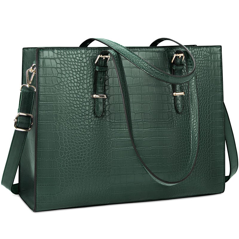 Lubardy Laptop Bag for Women 15.6 Inch Laptop Tote Bag Leather Classy Computer Briefcase for Work Waterproof Handbag Professional Shoulder Bag Women Business Office Bag Large Capacity Green - Image 1