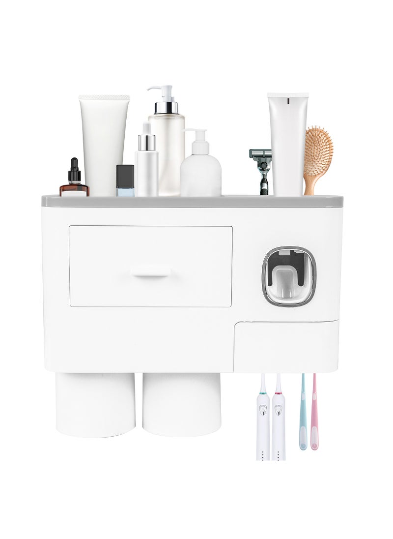 SKY-TOUCH - 2 Cups Wall Mounted Toothbrush Holder Multipurpose SpaceSaving Toothbrush and Toothpaste Holder with Drawer for Cosmetics Organizer for Washroom and Bathroom - Image 1