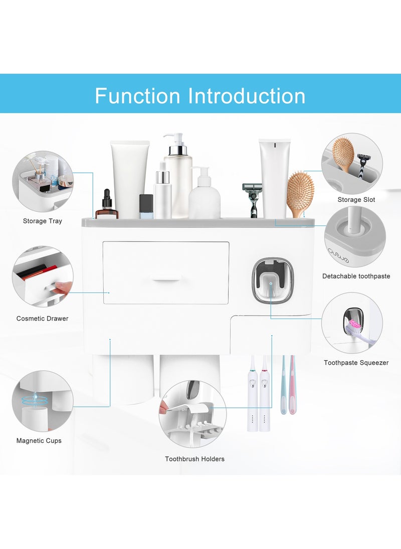 SKY-TOUCH - 2 Cups Wall Mounted Toothbrush Holder Multipurpose SpaceSaving Toothbrush and Toothpaste Holder with Drawer for Cosmetics Organizer for Washroom and Bathroom - Image 1