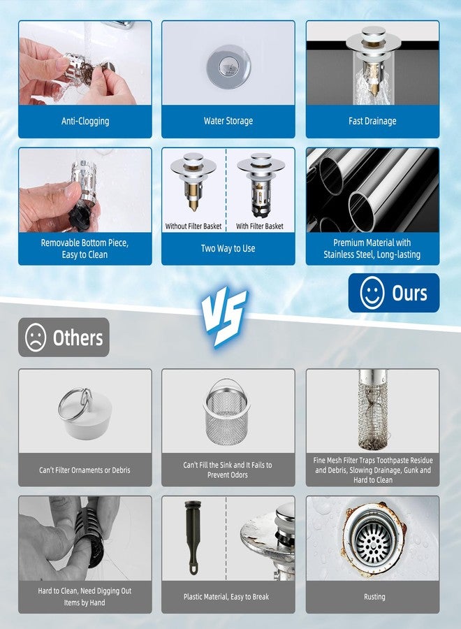 Hibbent Upgraded 3 in 1 Bathroom Sink Drain Strainer, Universal Pop Up Stopper with Removable Stainless Steel Filter Basket Hair Catcher, Sink Plug for 1.1''~2.36'' Basin, Brass Bullet Core, Chrome - Image 5