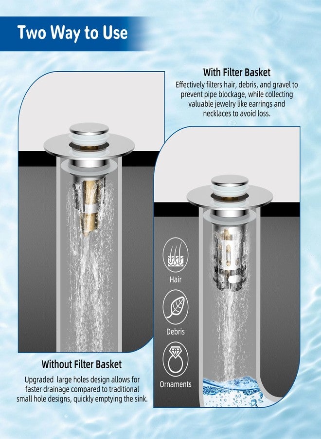 Hibbent Upgraded 3 in 1 Bathroom Sink Drain Strainer, Universal Pop Up Stopper with Removable Stainless Steel Filter Basket Hair Catcher, Sink Plug for 1.1''~2.36'' Basin, Brass Bullet Core, Chrome - Image 4