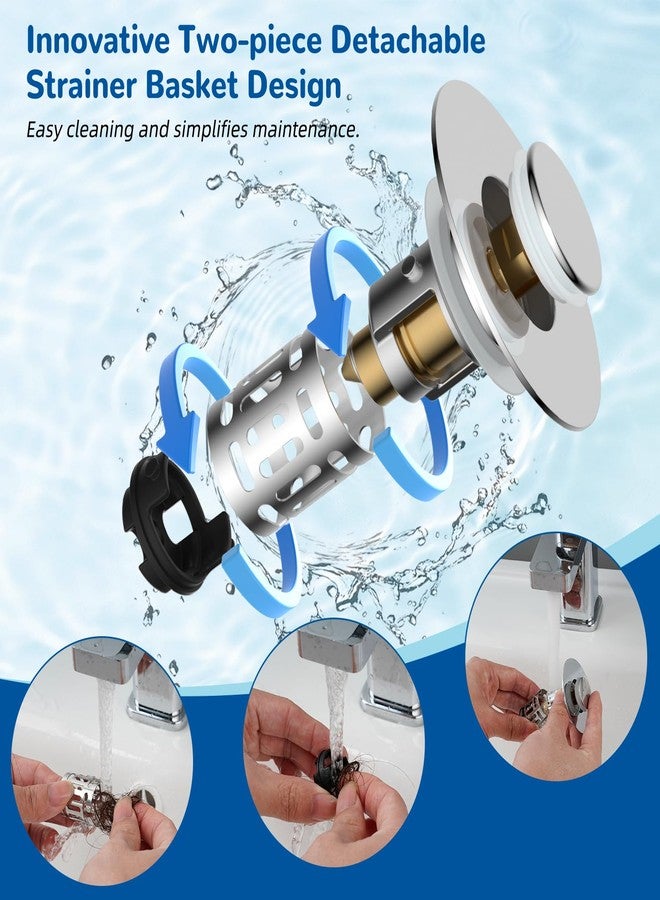 Hibbent Upgraded 3 in 1 Bathroom Sink Drain Strainer, Universal Pop Up Stopper with Removable Stainless Steel Filter Basket Hair Catcher, Sink Plug for 1.1''~2.36'' Basin, Brass Bullet Core, Chrome - Image 3