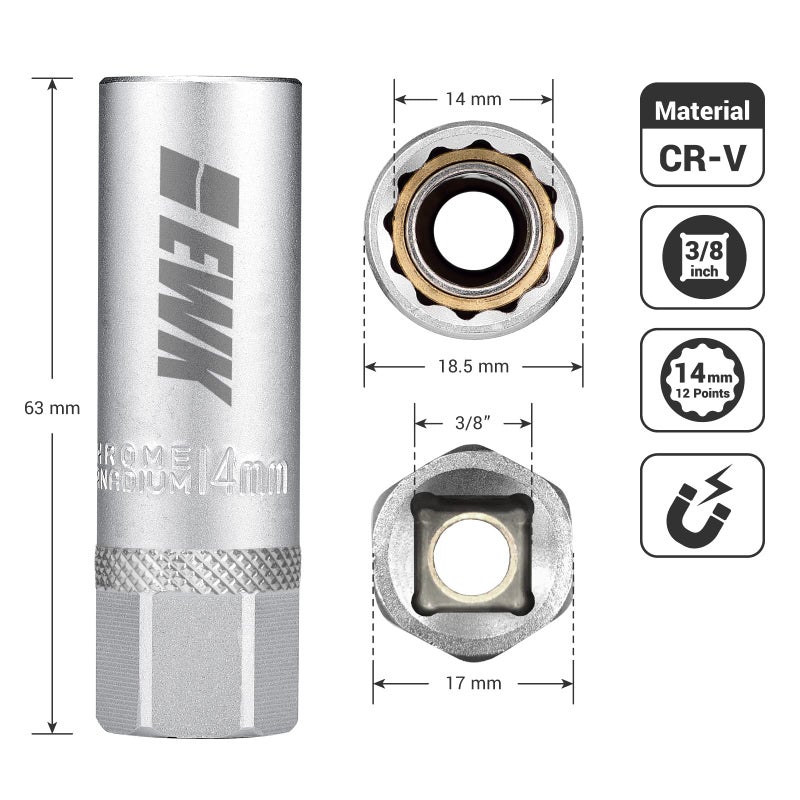 EWK 14mm 12 Point Thin Wall Magnetic Spark Plug Socket for BMW, Mini Cooper, Nissan, Infiniti - Image 2