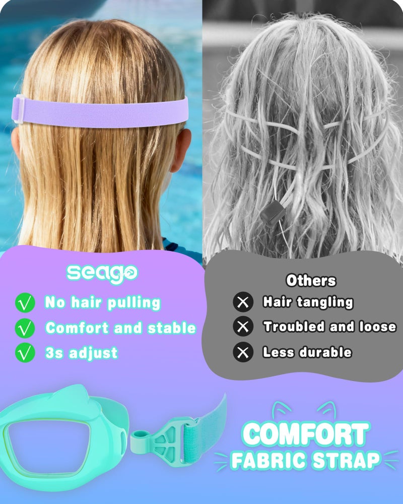 Seago 2 Pack Kids Swimming Goggles for 4-7 3-5 3-6 6-14, Cyan Purple Swim Goggles for Toddler Boys UV Protection No Leak Anti Fog Clear Wide View, Girls Pool Beach Goggles with Fabric Strap - Image 3