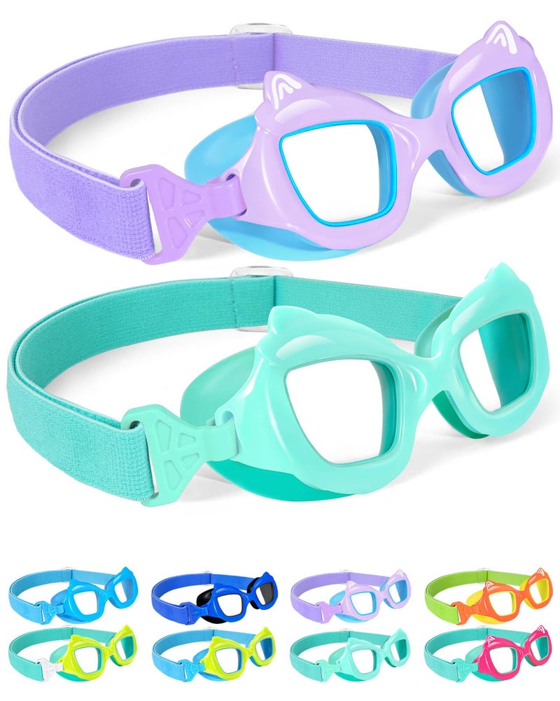 Seago 2 Pack Kids Swimming Goggles for 4-7 3-5 3-6 6-14, Cyan Purple Swim Goggles for Toddler Boys UV Protection No Leak Anti Fog Clear Wide View, Girls Pool Beach Goggles with Fabric Strap - Image 1
