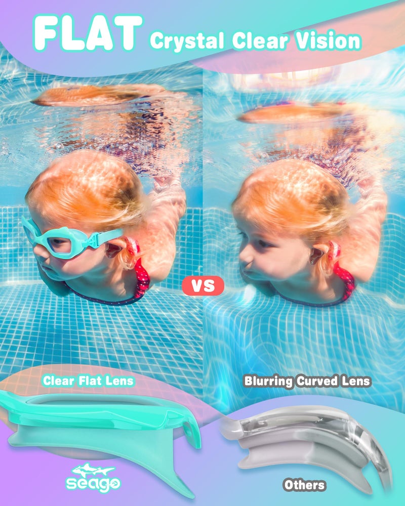 Seago 2 Pack Kids Swimming Goggles for 4-7 3-5 3-6 6-14, Cyan Purple Swim Goggles for Toddler Boys UV Protection No Leak Anti Fog Clear Wide View, Girls Pool Beach Goggles with Fabric Strap - Image 4
