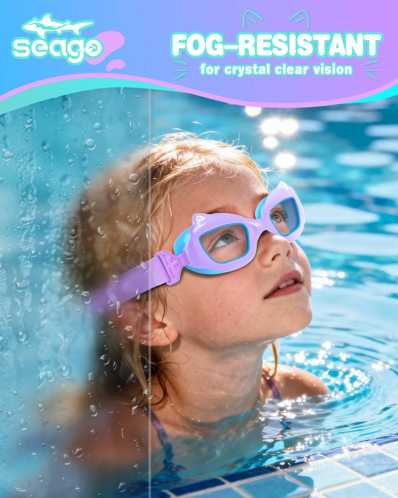 Seago 2 Pack Kids Swimming Goggles for 4-7 3-5 3-6 6-14, Cyan Purple Swim Goggles for Toddler Boys UV Protection No Leak Anti Fog Clear Wide View, Girls Pool Beach Goggles with Fabric Strap - Image 2