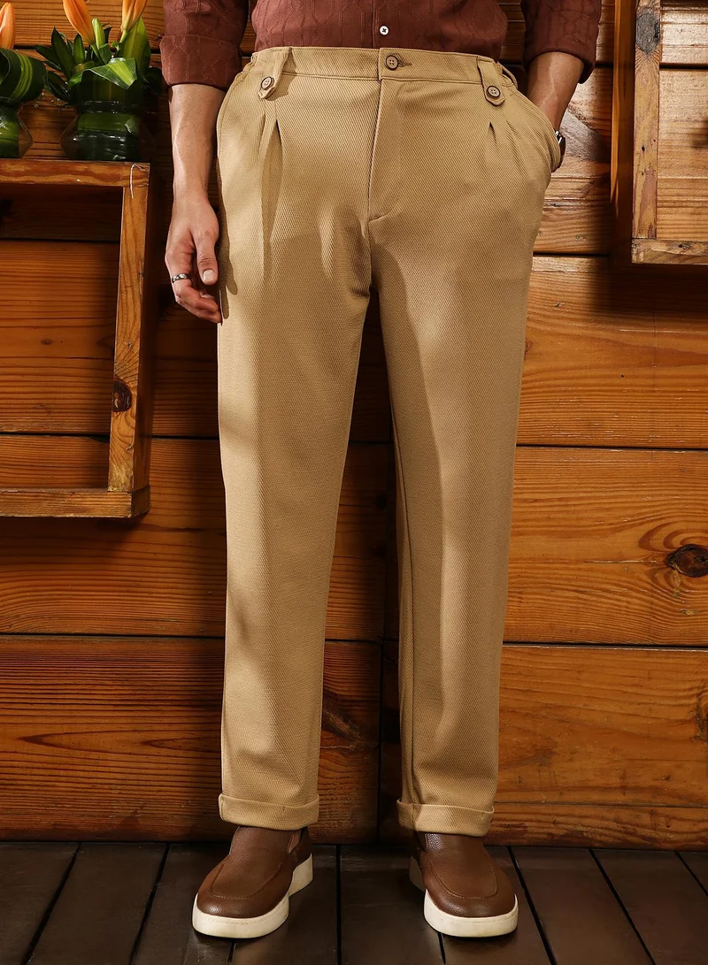 Campus Sutra Campus Sutra Men's Khaki Beige Twill-Pleated Trousers | Mid-Rise , Cuffed Hem , Button Closure | Solid Twill | Polyester Blend Trousers For Casual Wear