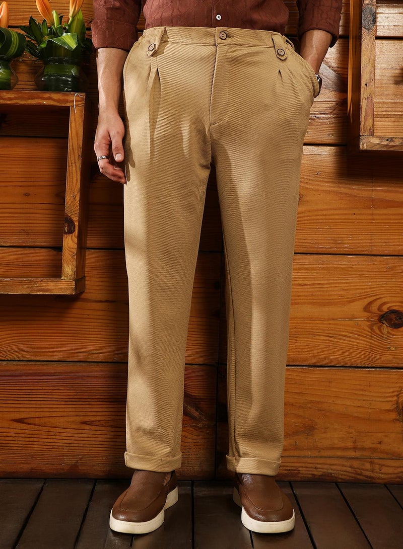 Campus Sutra Campus Sutra Men's Khaki Beige Twill-Pleated Trousers | Mid-Rise , Cuffed Hem , Button Closure | Solid Twill | Polyester Blend Trousers For Casual Wear - Image 2