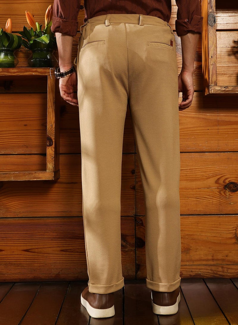 Campus Sutra Campus Sutra Men's Khaki Beige Twill-Pleated Trousers | Mid-Rise , Cuffed Hem , Button Closure | Solid Twill | Polyester Blend Trousers For Casual Wear - Image 5