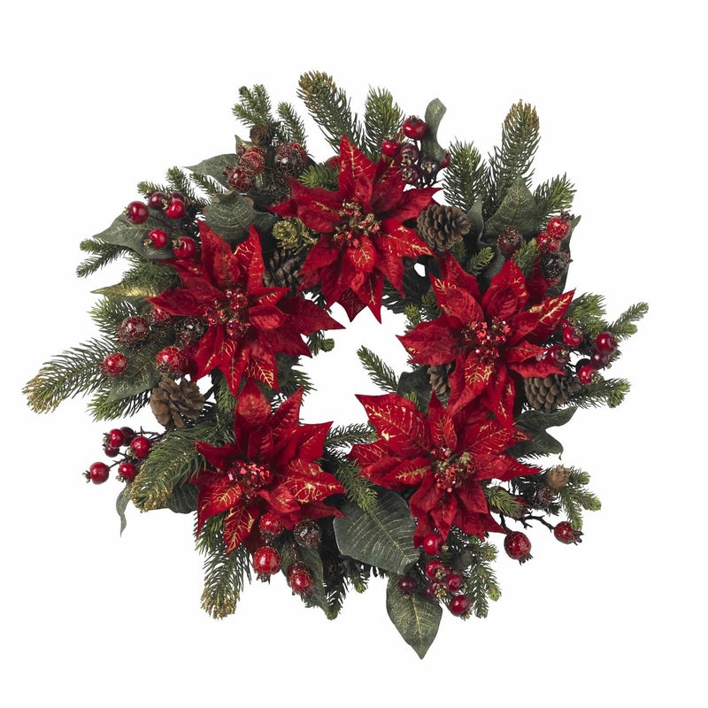 Nearly Natural 24in Poinsettia  Berry Wreath