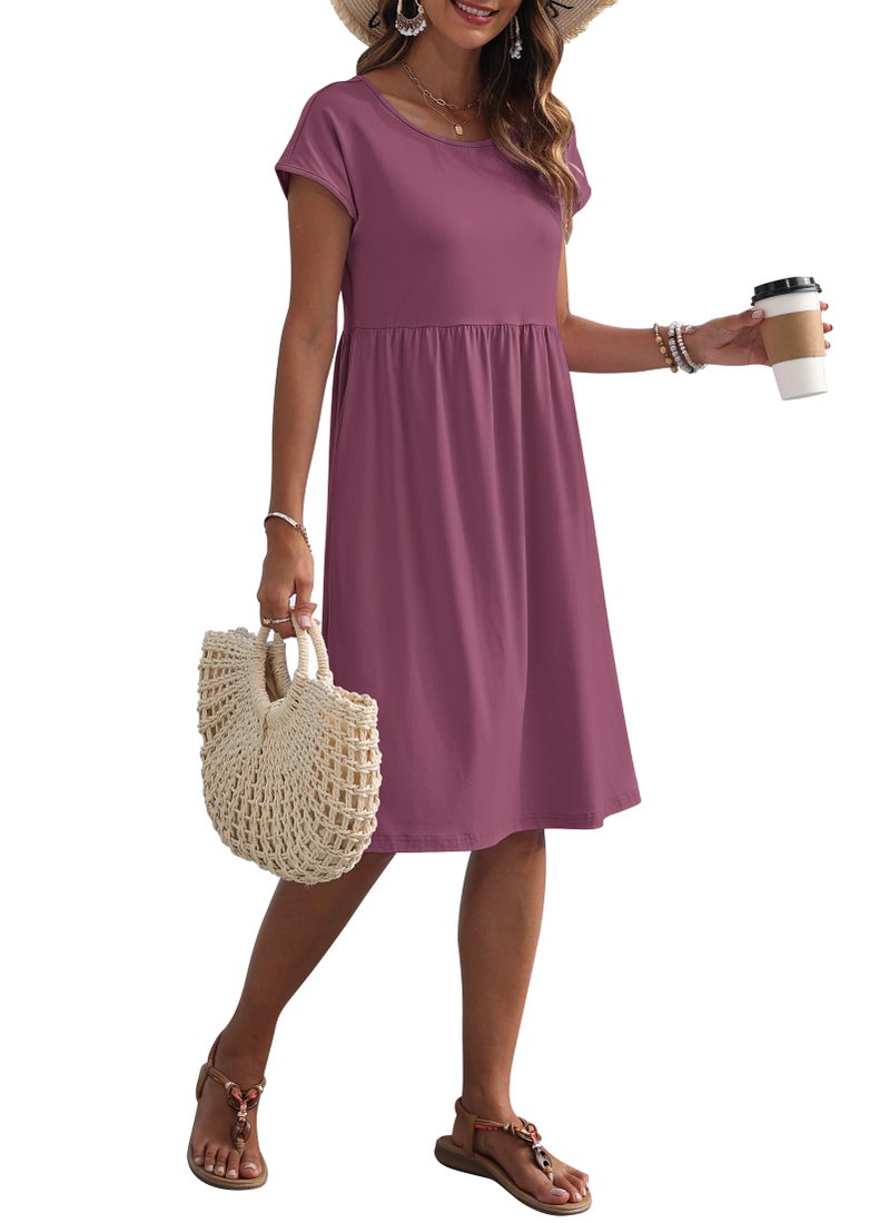 AUSELILY Women's Summer Short Sleeve Knee-Length Dresses Round Neck Loose Dress with Pockets 2026 New, Mauve L - Image 5