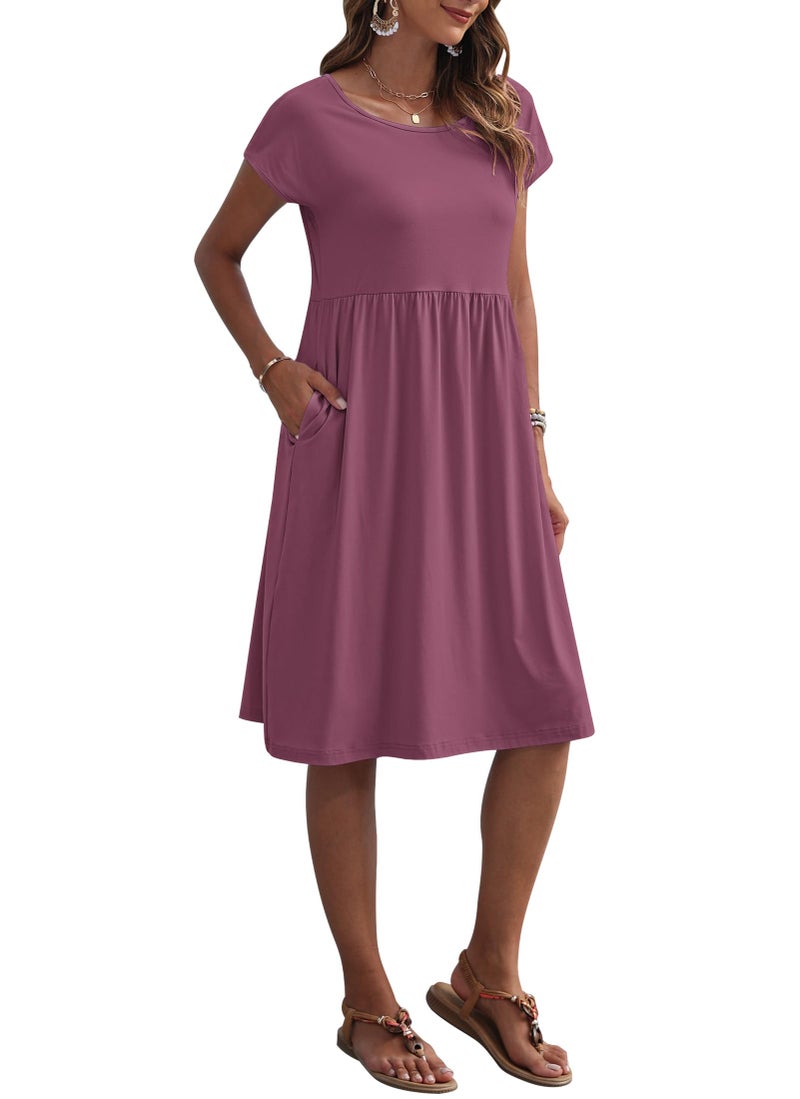 AUSELILY Women's Summer Short Sleeve Knee-Length Dresses Round Neck Loose Dress with Pockets 2026 New, Mauve L - Image 2
