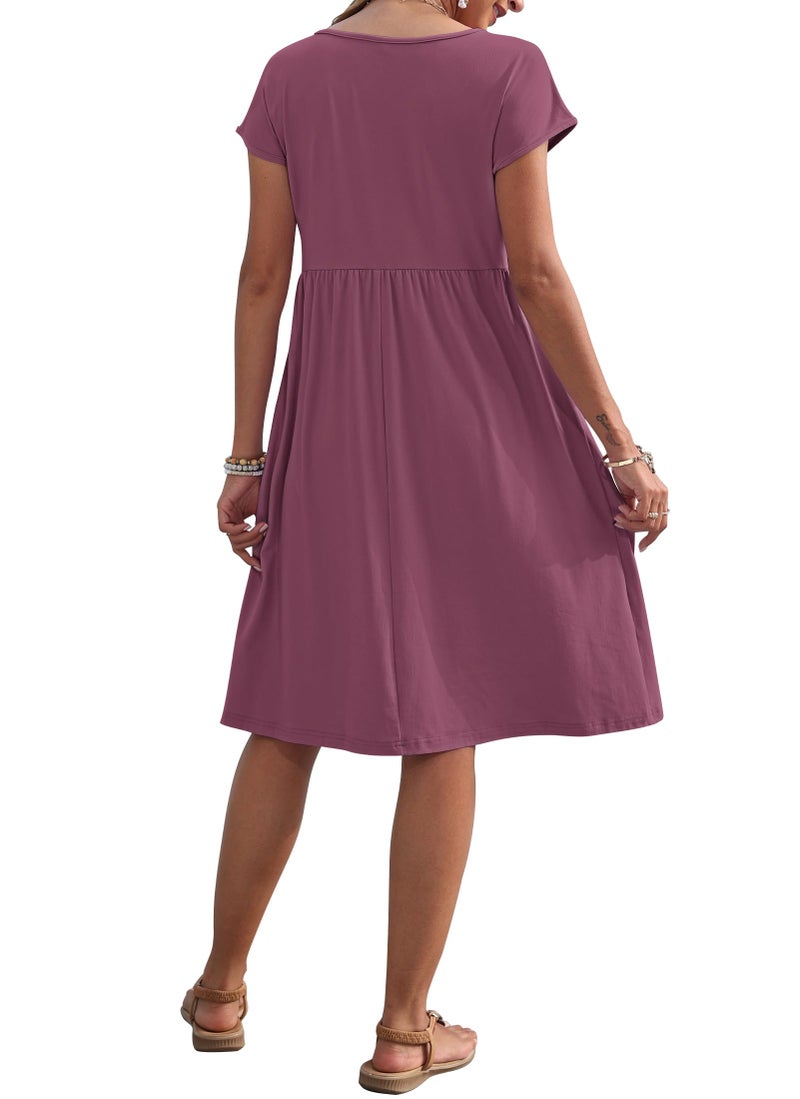 AUSELILY Women's Summer Short Sleeve Knee-Length Dresses Round Neck Loose Dress with Pockets 2026 New, Mauve L - Image 4