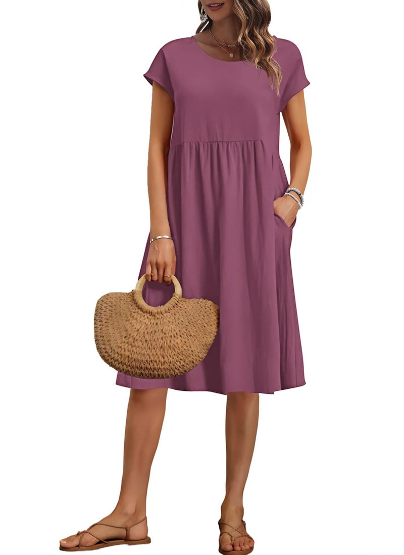 AUSELILY Women's Summer Short Sleeve Knee-Length Dresses Round Neck Loose Dress with Pockets 2026 New, Mauve L - Image 1