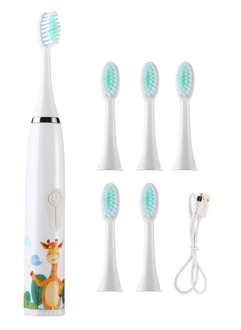 Kids Rechargeable Electric Toothbrush With Timer, 6 Brush Heads, Giraffe, White
