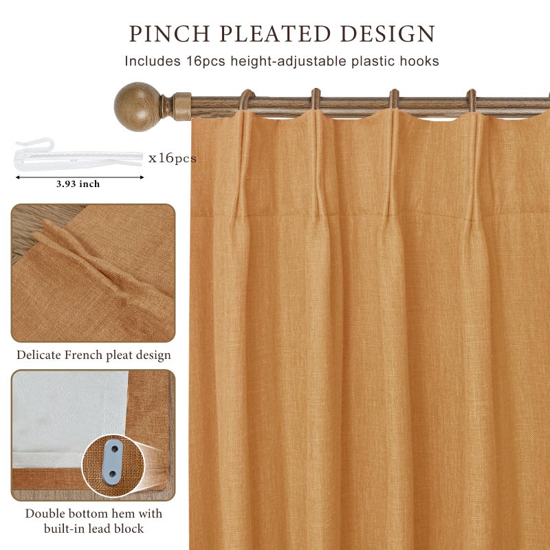 IVAPUPU Thick Linen Blend Pinch Pleated Blackout Curtains for Bedroom - 2 Pages Black Out Gold Curtains 95 Inch Long 2 Panel for Living Room Darkening Thermal Window Curtain Drapes with 16pc Hooks - Image 3