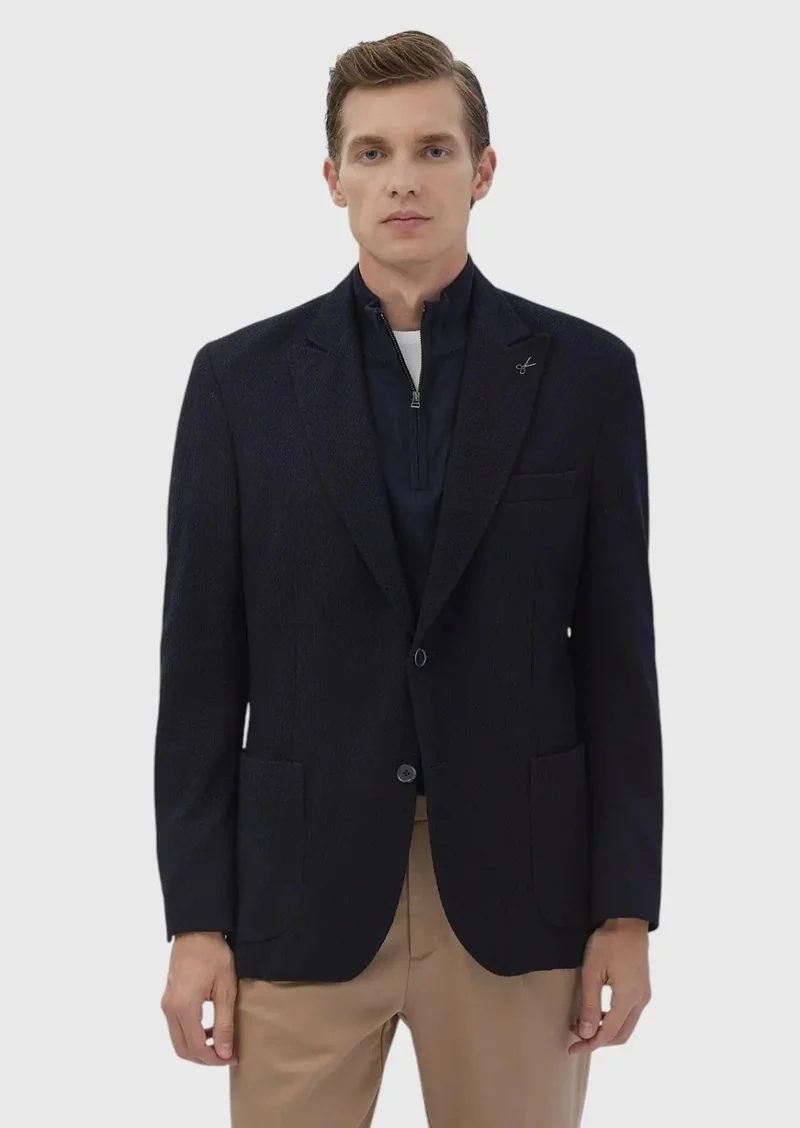 RAMSEY Navy Blue Patterned Shirt Shoulder Slim Fit Wool Blended Jacket