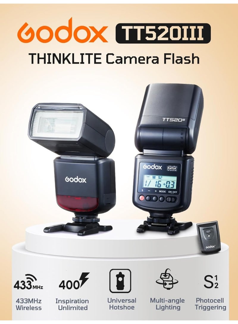Godox TT520III Camera Flash, 1.8s Recycle Time, 400 Full Power Flash, Built-in Receiver and RT Transmitter for Canon Nikon Panasonic Olympus Pentax and Other DSLR Cameras (NO TTL, TT520II Upgrade) - Image 1