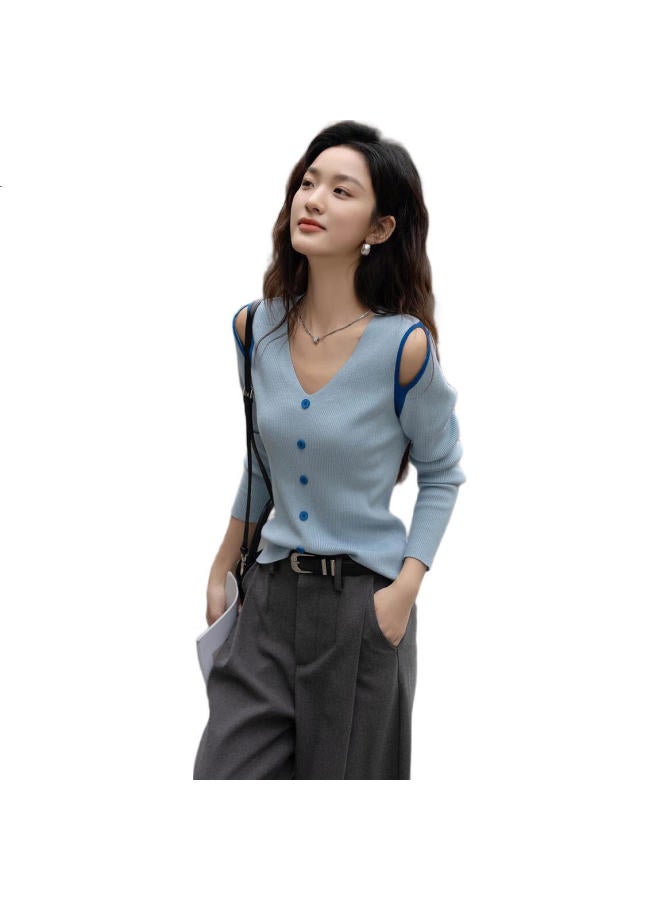 dme Demna【Light Oxygen Sea Salt】Spring Korean Style Hollow Out Contrast Color V-Neck Sweater High Elastic Comfortable Long Sleeve Knitted Top For Women - Image 3