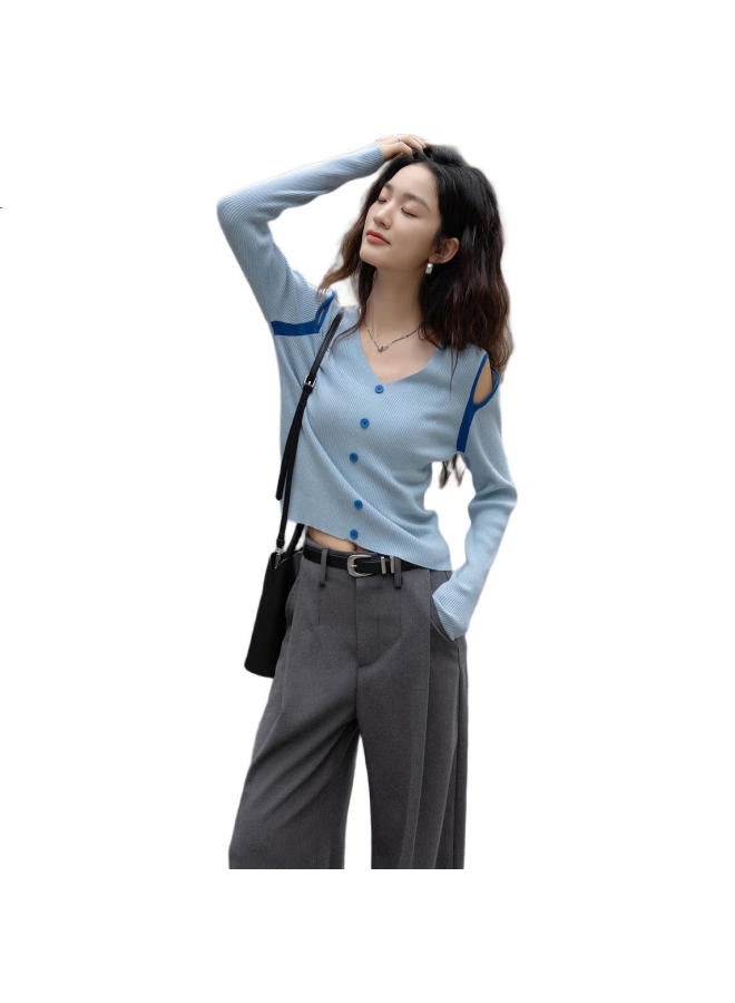 dme Demna【Light Oxygen Sea Salt】Spring Korean Style Hollow Out Contrast Color V-Neck Sweater High Elastic Comfortable Long Sleeve Knitted Top For Women - Image 2