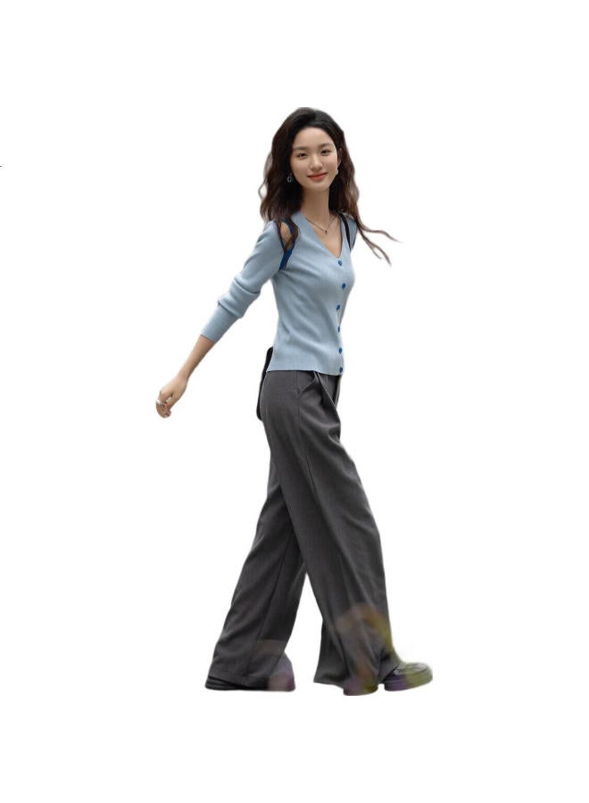 dme Demna【Light Oxygen Sea Salt】Spring Korean Style Hollow Out Contrast Color V-Neck Sweater High Elastic Comfortable Long Sleeve Knitted Top For Women - Image 1